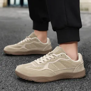 Fashionable beige wide-toe German trainer sneakers with durable non-slip rubber sole
