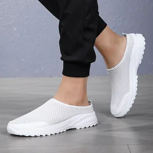 Detail of breathable white mesh slip-on loafers for men with flexible soft sole