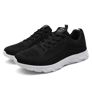 Men's black fly-knit breathable running shoes with a lightweight white rubber sole