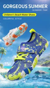Vibrant children's quick-dry water shoes featuring colorful patterns in a beach scene