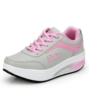 Women's breathable rocker bottom platform sneakers in stylish grey and pink design