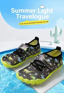 Close-up detail of breathable children's water shoes featuring a yellow dinosaur print