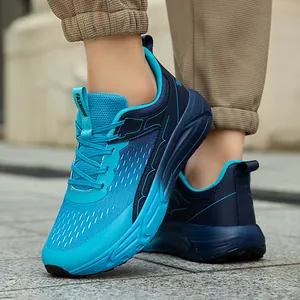 Lightweight blue wide-toe athletic running sneakers for men and women on sidewalk