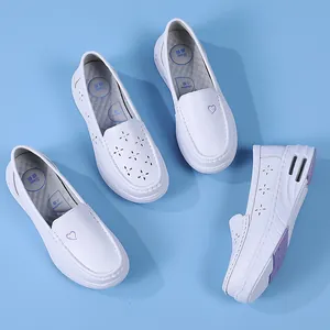 Professional white medical nurse shoes with air cushion sole and breathable hollow-out design