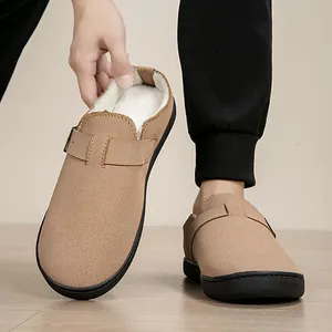 Comfortable camel suede clog slippers with warm fleece lining and adjustable buckle strap