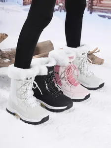 Outdoor women's snow boots in multiple colors with white faux fur trim and laces