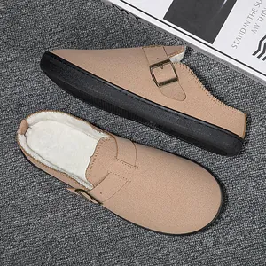 Cozy warm fleece-lined suede slippers with adjustable buckle strap for men and women
