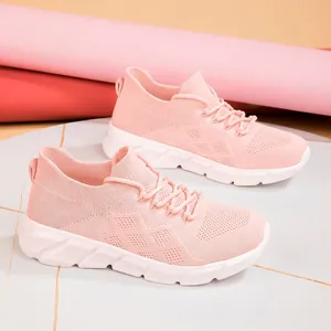 Breathable pink fly-knit sneakers for women, casual sock shoes with thick white soles