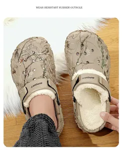 Close-up view of camouflage clogs featuring warm fleece lining and rubber outsole