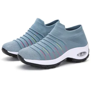 Blue breathable flyknit slip-on sneakers with air cushion sole for daily comfort