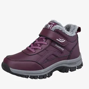 Deep purple winter walking snow boots with warm grey faux fur lining and non-slip rubber sole