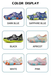 Children's quick-dry water shoes in various colorful patterns and six vibrant color options