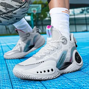 Weiße und graue High-Top-Basketballschuhe für Herren mit rutschfester Gummisohle