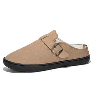 Cozy fleece lined faux suede indoor/outdoor slippers with buckle for winter warmth
