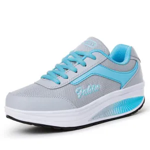 Breathable mesh platform toning shoe in stylish grey and blue for women's casual wear