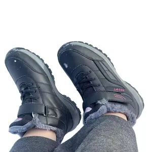 Cozy winter walking snow boots with waterproof black upper and grey fleece lining