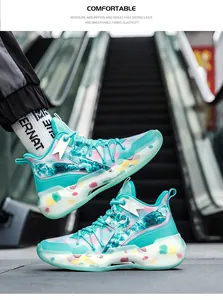 Detailansicht der blau-rosa gemusterten Basketballschuhe mit transparenter Dämpfungssohle.