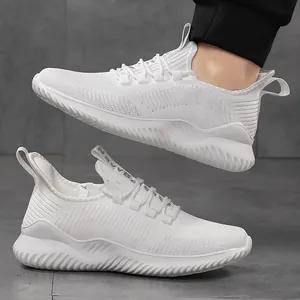 Zapatillas de malla fly-knit blancas ligeras para hombre y mujer zapatos de correr