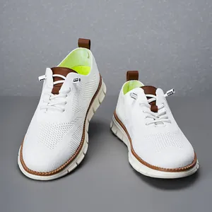 Detailed macro view of breathable white mesh sneakers with stylish brown accents