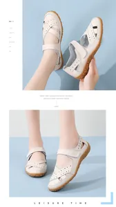 Beige genuine leather cut-out sandals with velcro strap for comfortable walking shoes
