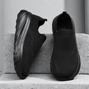 Detailed view of black breathable mesh slip-on walking shoes for men with wide toe box