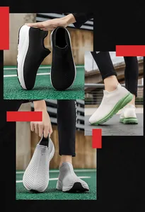 Detailed collage of breathable slip-on knit sock sneakers in black beige and grey colors