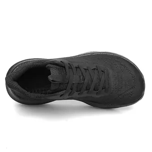Top view of breathable black flyknit running shoe with a comfortable wide toe box.
