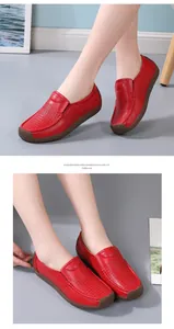 Detailed view of women's red leather flat shoes with a hollow-out breathable design