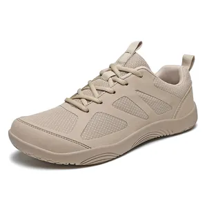Ademende heren barefoot schoenen in kaki met brede neus voor outdoor wandelen