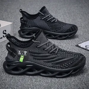 Chaussures de course noires légères pour hommes avec semelles creuses amortissantes sport