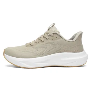 Side profile detail of khaki knit sports shoe showing breathable texture and thick sole