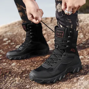 Durable men's black high-top outdoor tactical boots featuring breathable mesh and rugged grip
