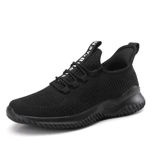 Zapatillas de correr negras transpirables de fly-knit para hombre y mujer con suela gruesa