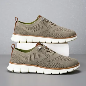 Side view of breathable khaki mesh loafers for men with lightweight white soles