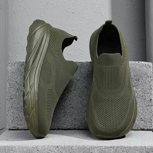 Men's breathable olive green flyknit slip-on sneaker featuring a wide toe box design