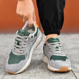 Men's stylish casual sports shoes in grey and green suede with hidden height increase effect