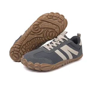Grey barefoot minimalist fitness shoes with brown non-slip rubber soles for yoga
