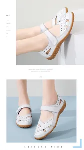 Comfortable white leather hollow sandals for women with breathable design and Velcro strap.