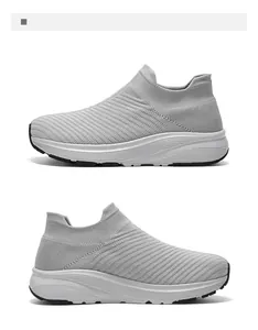 Side view detail of grey breathable knitted slip-on sock sneakers for men and women