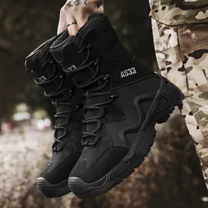 Black high-top tactical combat boots with rugged soles for outdoor hiking