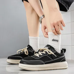 Black breathable mesh men's sneakers with wide toe and beige thick sole for casual wear
