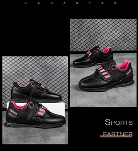 Multi-angle details of professional black and pink weightlifting shoes for weight training