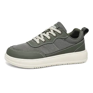 Army green mesh men's casual sneakers with wide toe box and thick white sole