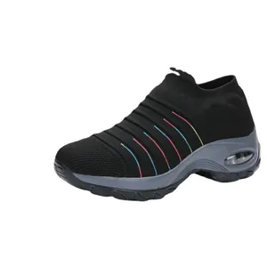 Black knit sock sneakers with rainbow stripes and air cushion platform sole for casual wear