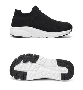 Side and sole view of breathable black fly-knit sock sneakers with wide-toe design.