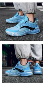 Close-up detail of blue mid-top basketball shoes for men designed for sports training