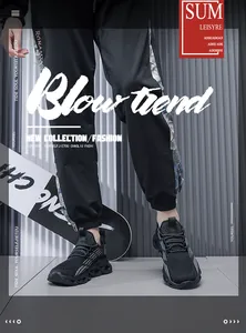 Close-up detail of men's black cushioning running shoes with stylish casual jogger pants.