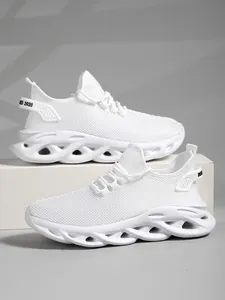 Detailed side view of white mesh running sneakers with unique hollow blade sole