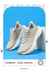 Side view of breathable beige knit running shoes with wide-toe and thick cushioned sole