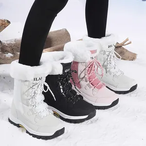 Warm high-top women's snow boots with faux fur trim and lace-up design in four colors.